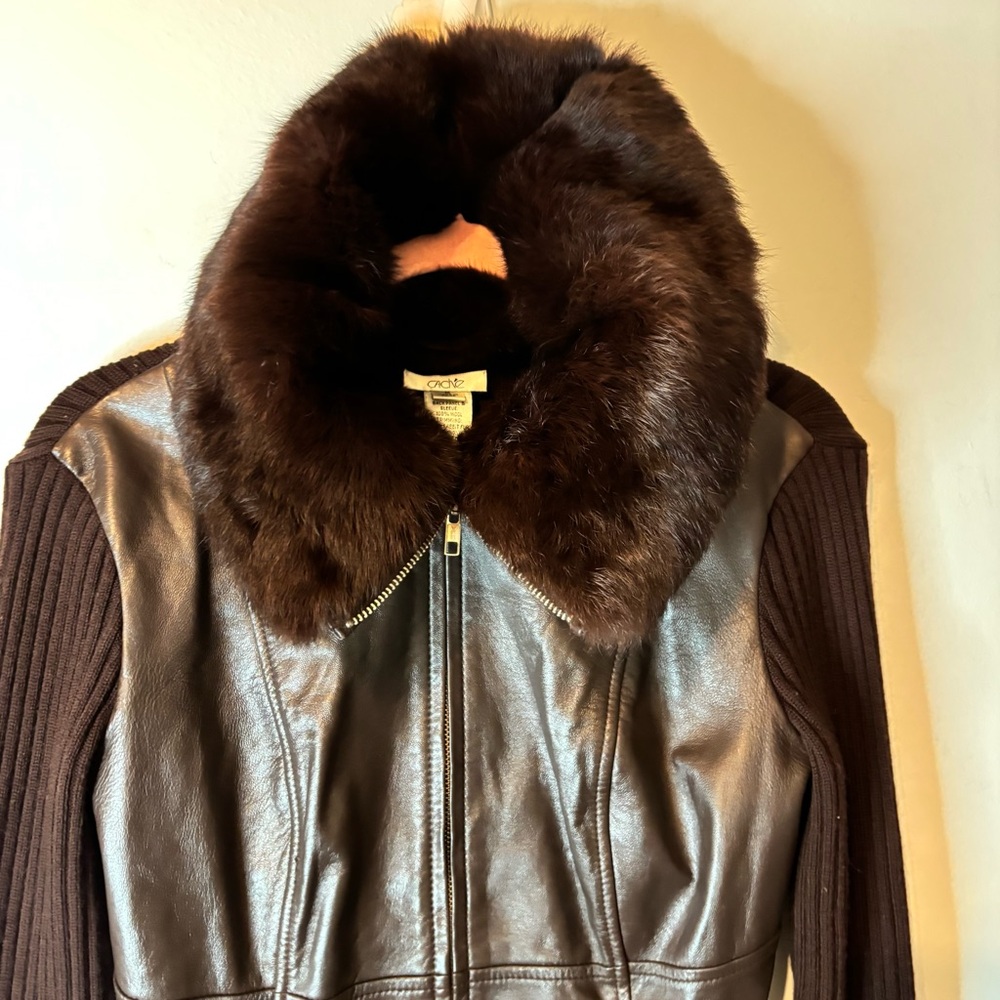 Cache Ribbed Y2k Sweater Jacket Real Fur Bib Coll… - image 4